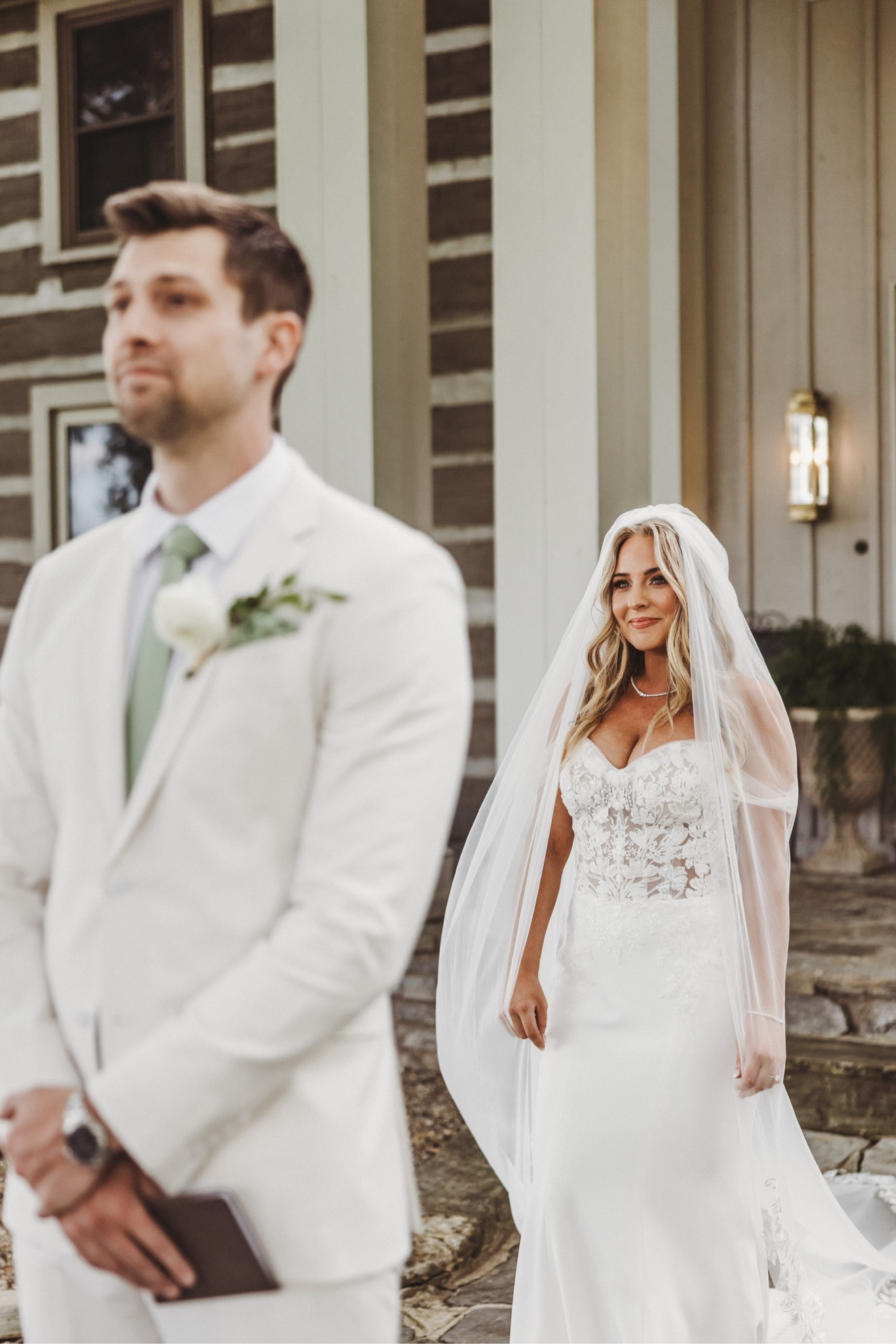 Gentry and his wife seeing each other on their wedding day